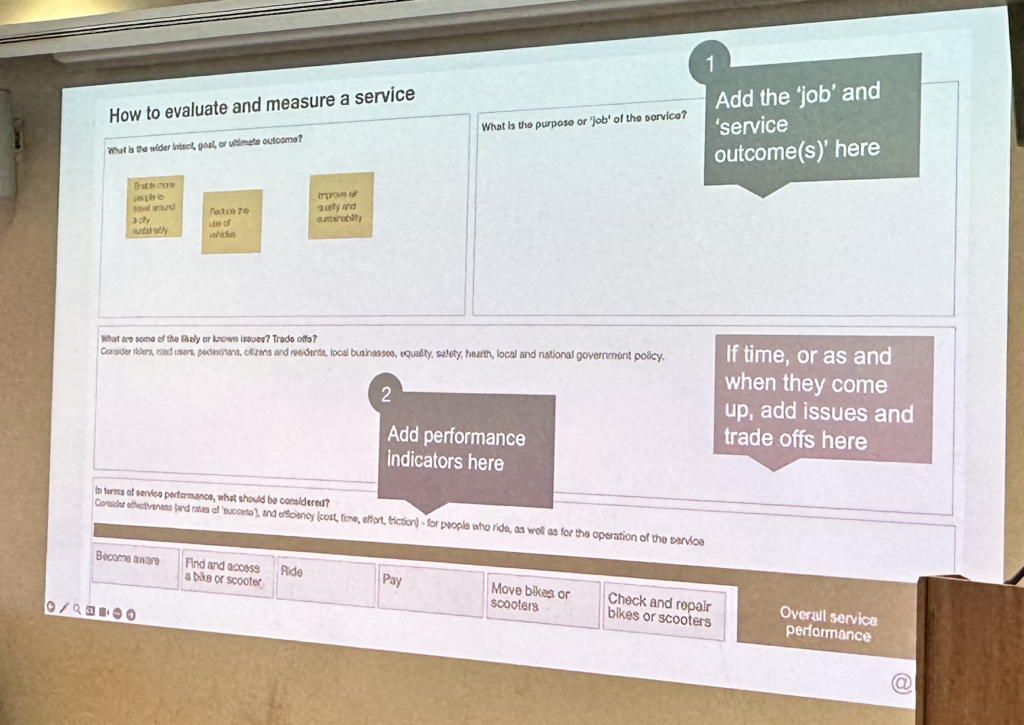 Screenshot of presentation slide showing how to evaluate and measure a service including prompts to think about the wider goal of the service, the purpose of the service, some of the likely or known issues and trade offs, and the terms of service performance that should be considered